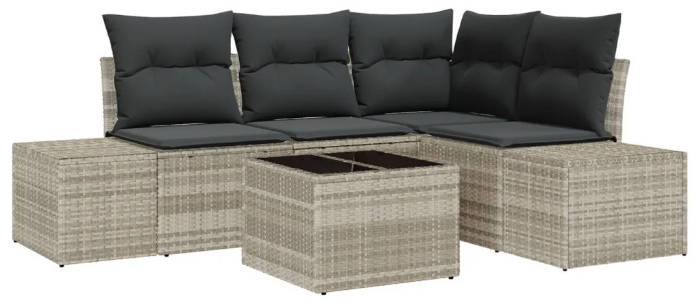 5 darabos kerti sofa szett párnákkal, szürke polirattan