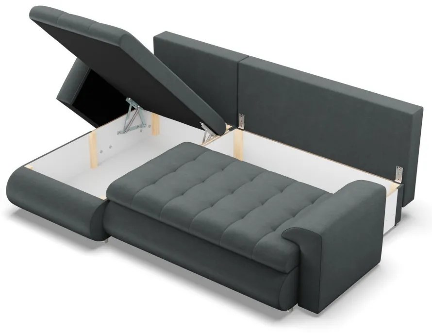 Tokio sarokkanapé, 2 ágyneműtartóval, bársony, baloldali, szürke