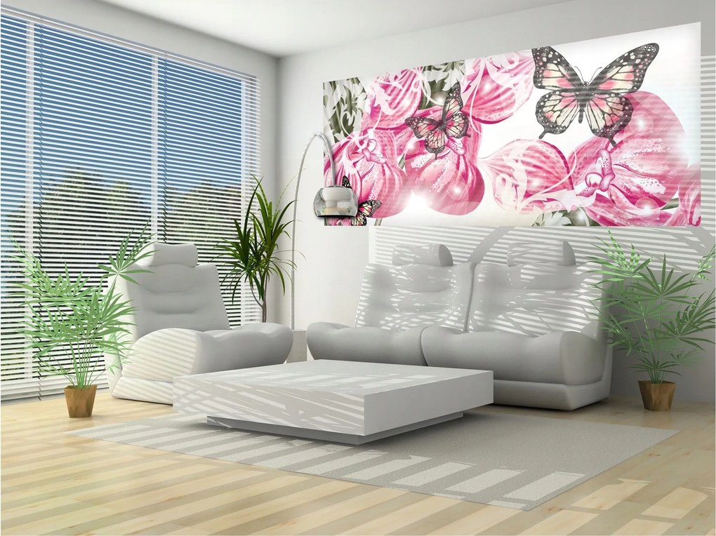 Flizelin fotótapéta Rózsa és pillangók finom rózsaszín tánc 250x104 +ragasztó