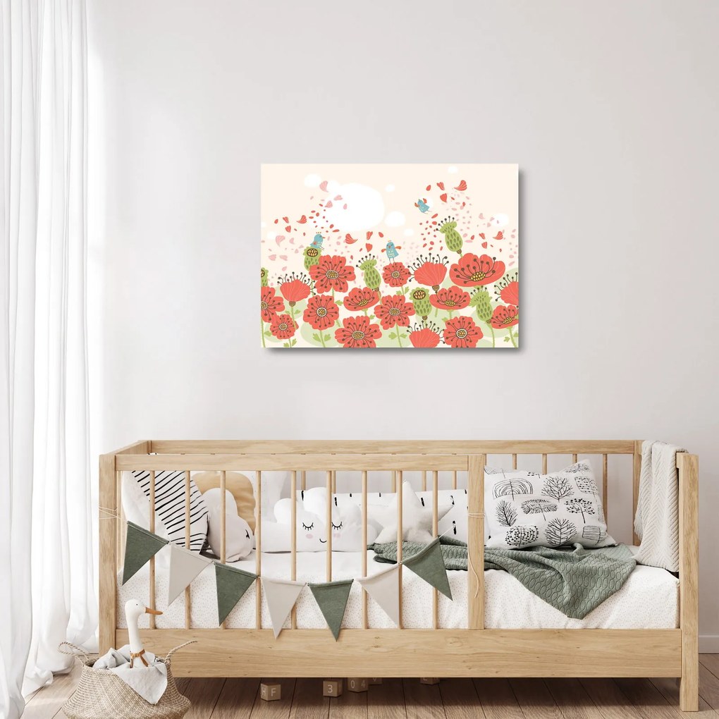 Kép - Madarak egy virágzó réten (üvegen) (70x50 cm)