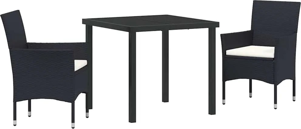 vidaXL Kert étkező szett párnával 3 pcs Fekete polirattan