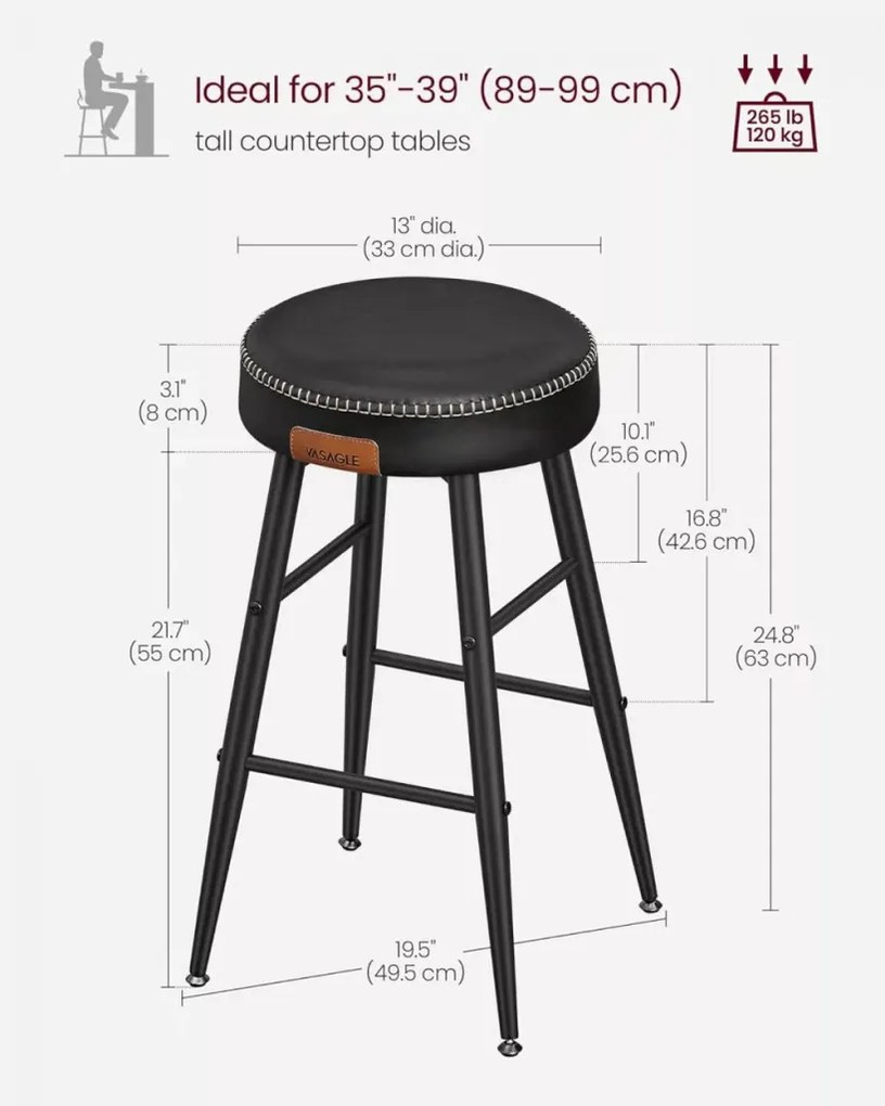 ECHO Bárszék 2 db, varrott műbőr borítás, 63 cm magas, fekete