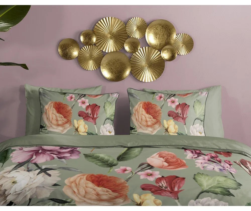 Zöld kétszemélyes-hosszabbított pamut-szatén ágyneműhuzat 200x220 cm Fiori – Descanso