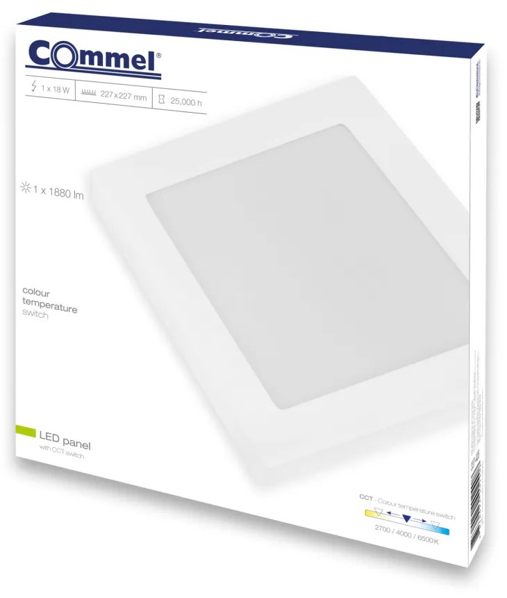 Commel LED panel négyzet 18W 2700/4000/6500K 227mm