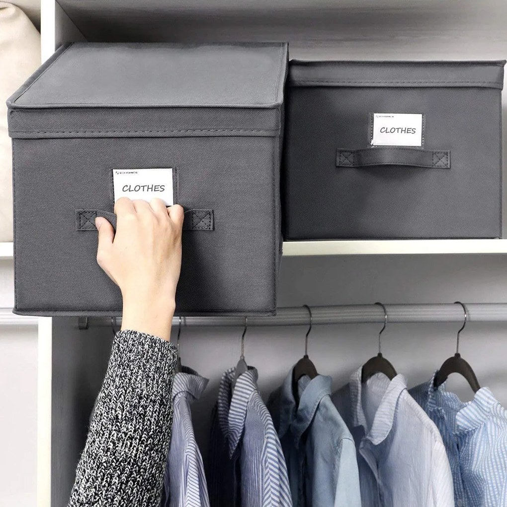 3 db összehajtható tárolódoboz fedővel, 40 x 25 x 30 cm, szürke