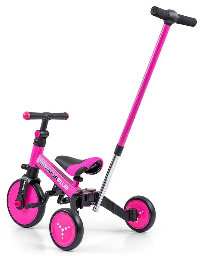 Gyerek háromkerekű bicikli 4az1-ben Milly Mally Optimus Plus tolókarral pink
