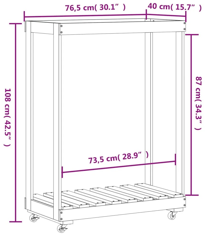 fehér tömör fenyőfa rönktároló kerekekkel 76,5 x 40 x 108 cm
