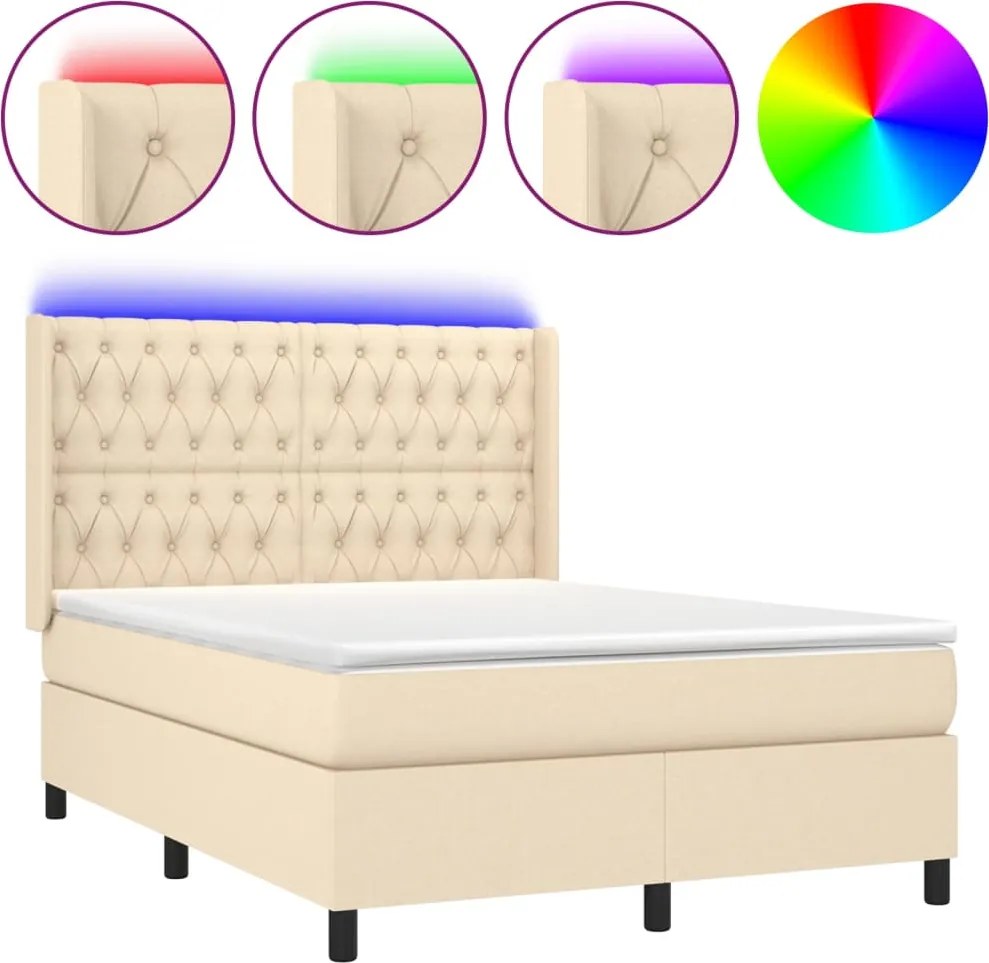 vidaXL krémszínű szövet rugós és LED-es ágy matraccal 140x190cm