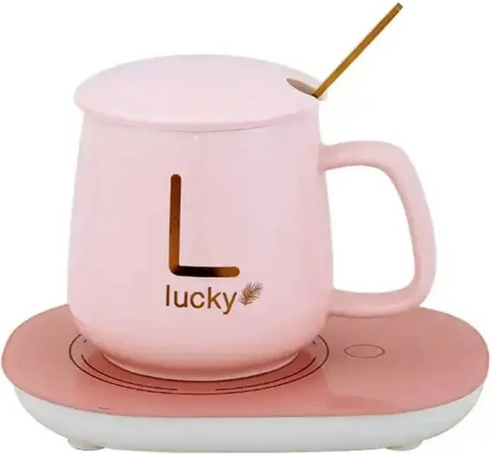 Lucky kerámia bögre szett elektromos melegítővel díszdobozban - pink