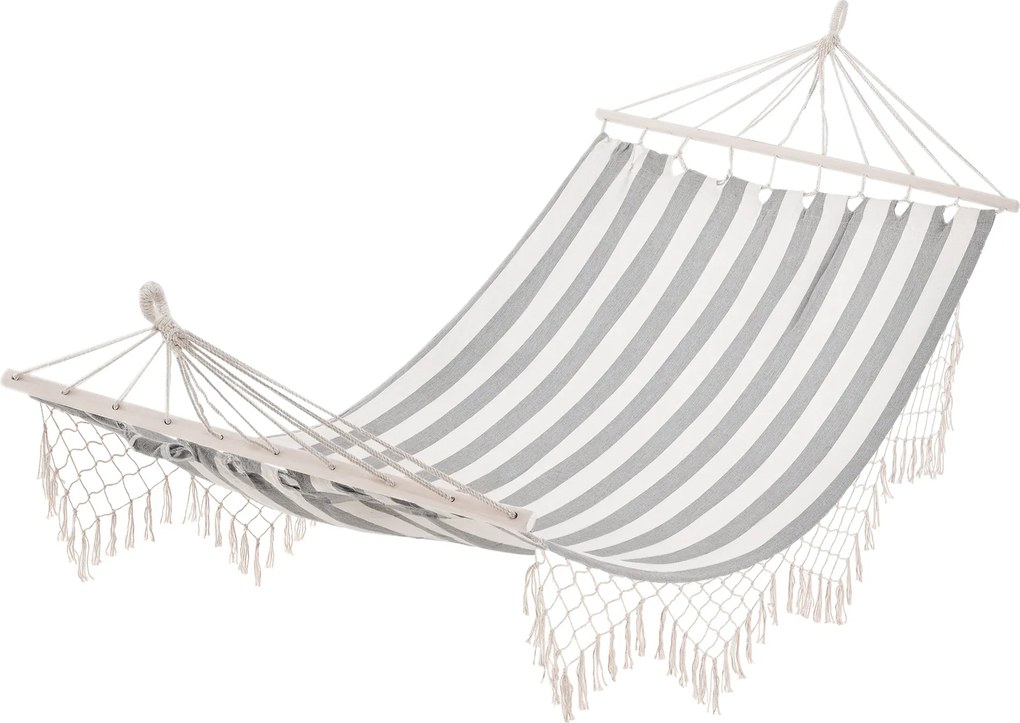Outsunny Kerti Függőágy 200x100 cm Fából készült Rúddal, 120 kg Teherbírás, Teraszra, Erkélyre, Kempingezéshez, Szürke és Krémszínű | Aosom