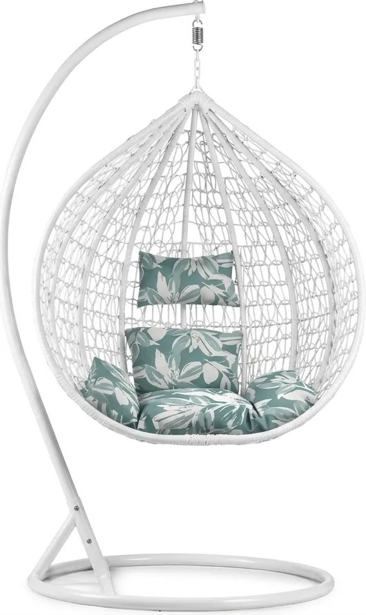 Fehér függő szék KOKON állvánnyal, zöld-fehér párnával