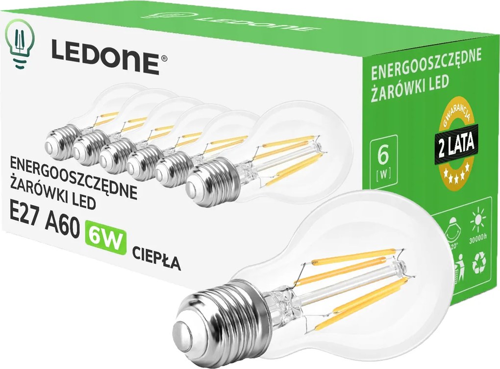 6x Led izzó filament E27 A60 6W fehér Meleg retro Clear Led szett