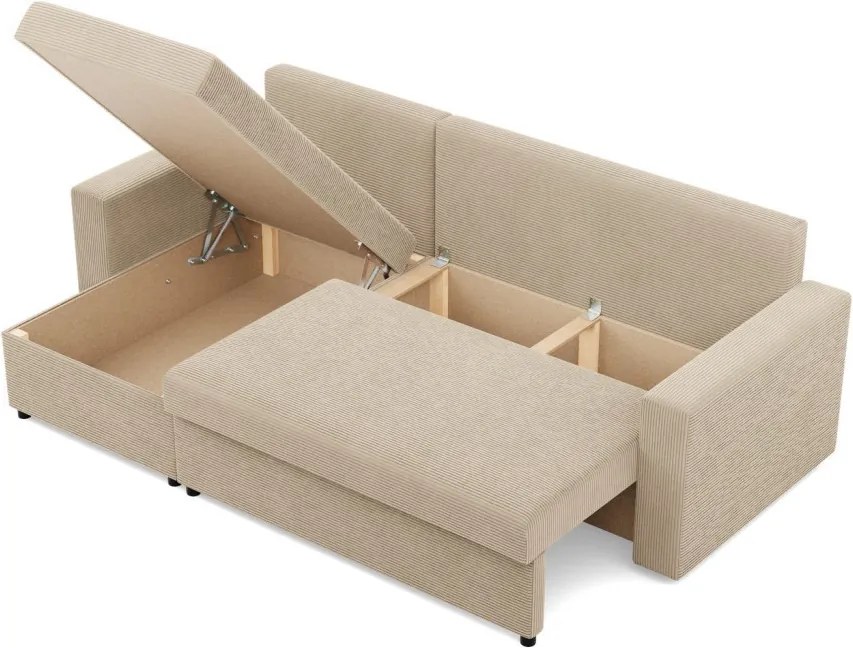 Zeus sarokkanapé, 2 ágyneműtartóval, egyenes kartámasz, kordbársony, univerzális oldal, bonell töltet, bézs