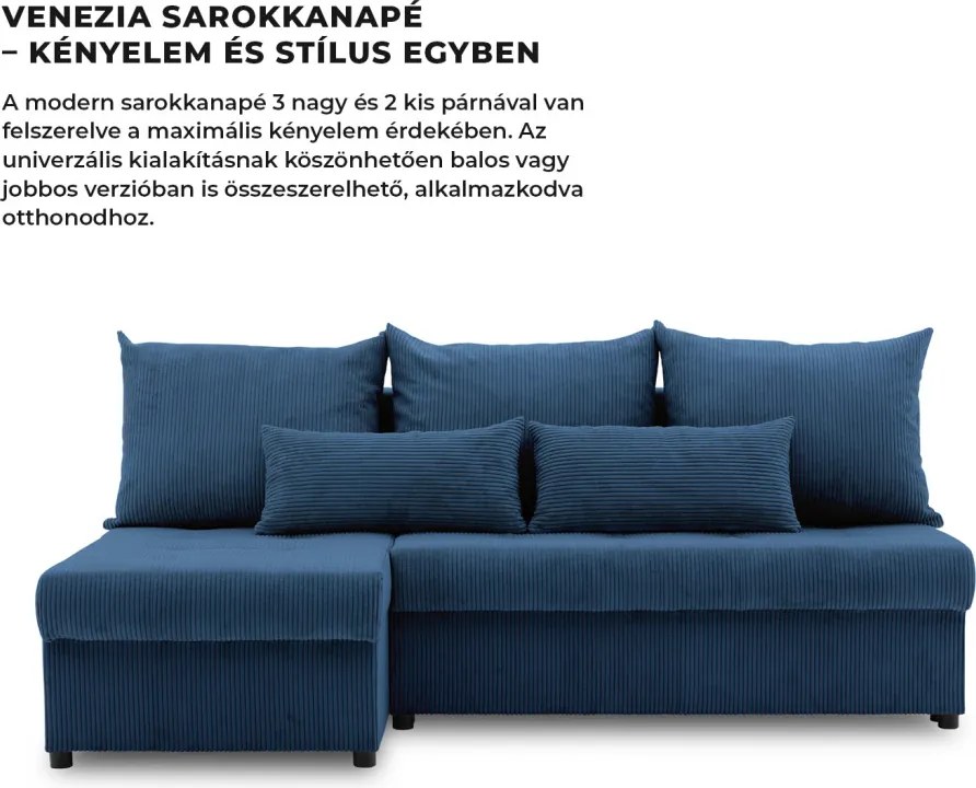 Venezia sarokkanapé, kordbársony, univerzális oldal, bonell töltet, kék