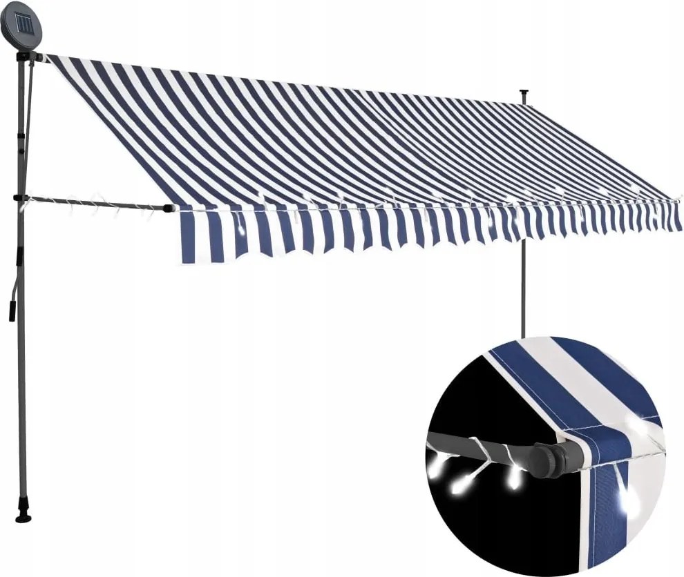 Napellenző Kézzel feltekerhető LED-del, 350 cm, kék-fehér