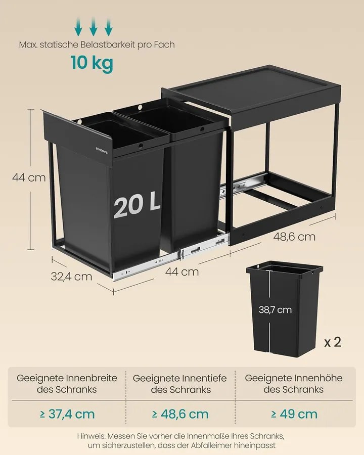 SONGMICS konyhai szelektív hulladékgyűjtő rendszer szekrénybe, 2 x 20 L, fekete