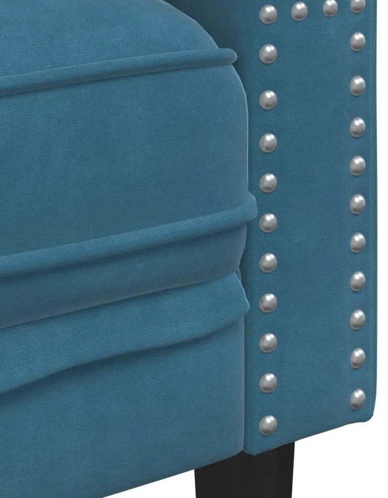 3 részes kék bársony Chesterfield kanapészett hengerpárnákkal