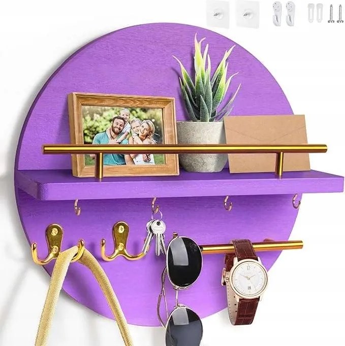 Fa kulcstartó polccal fali rendszerező lila 32x32 cm