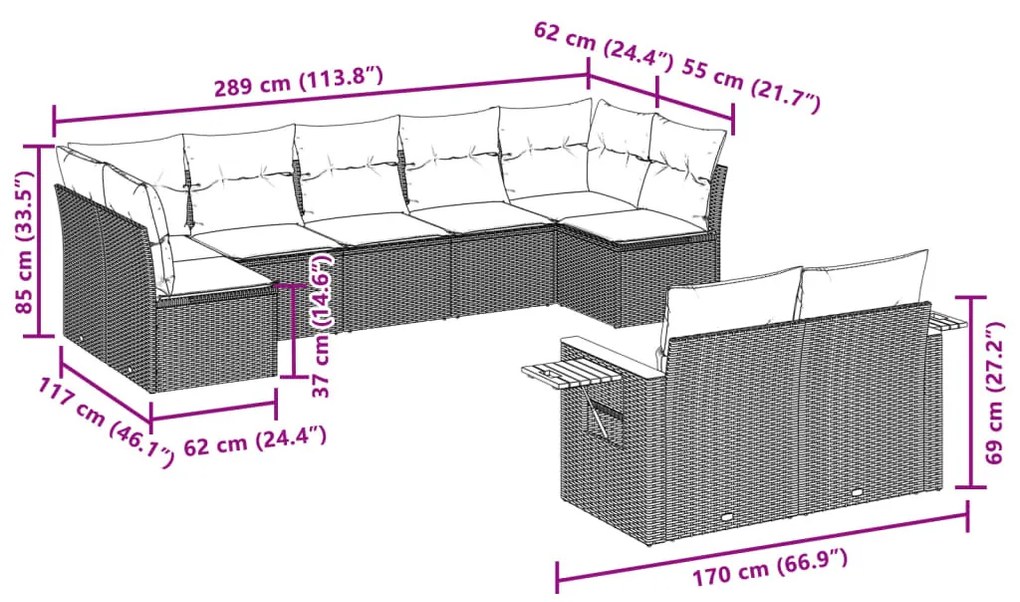 9 részes fekete polyrattan kerti ülőgarnitúra párnákkal