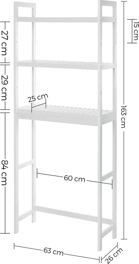 WC-polc, 3 szintes bambusz fürdőszobai polc,, 63 x 163 x 26 cm, fehér