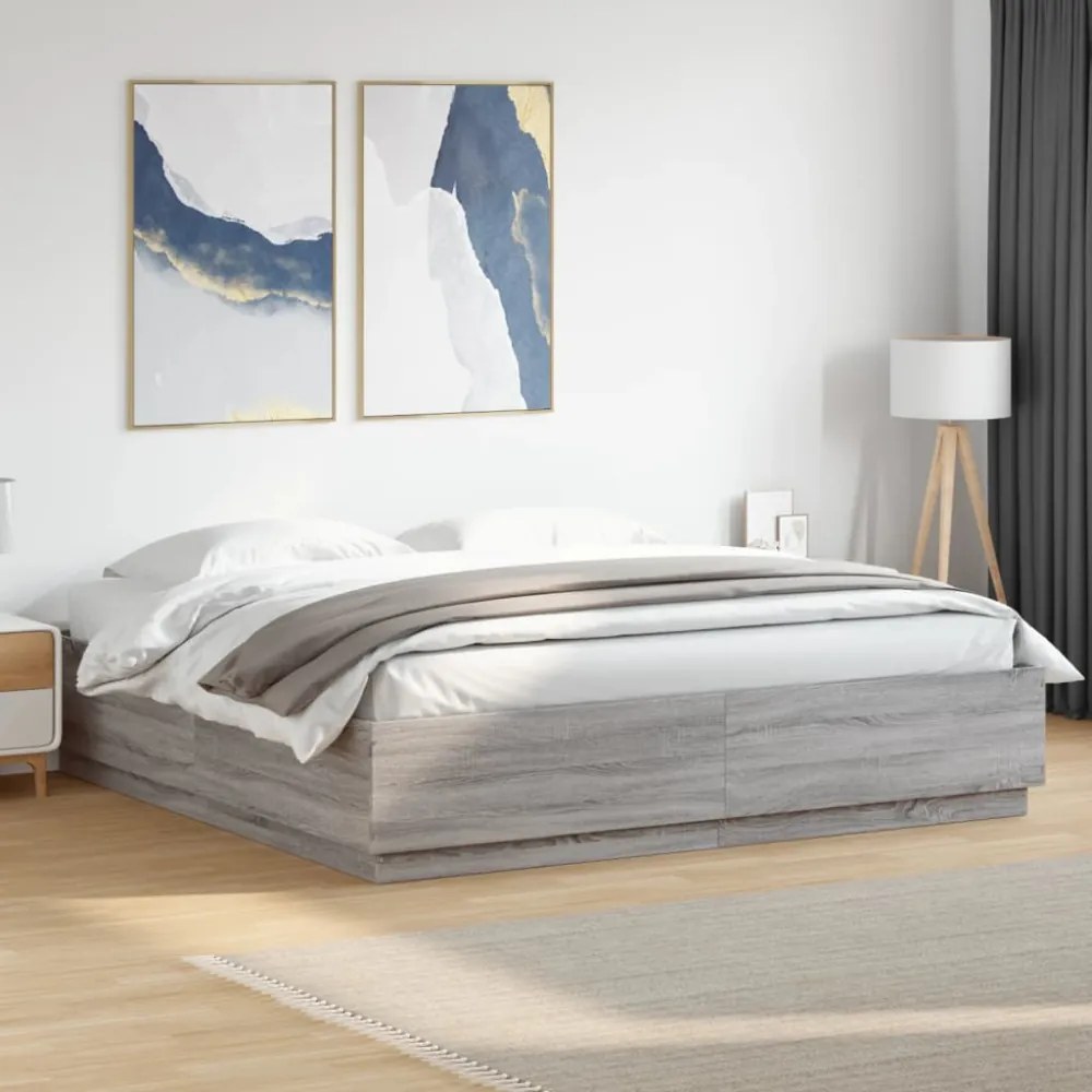 szürke sonoma színű szerelt fa ágykeret LED-del 200x200 cm