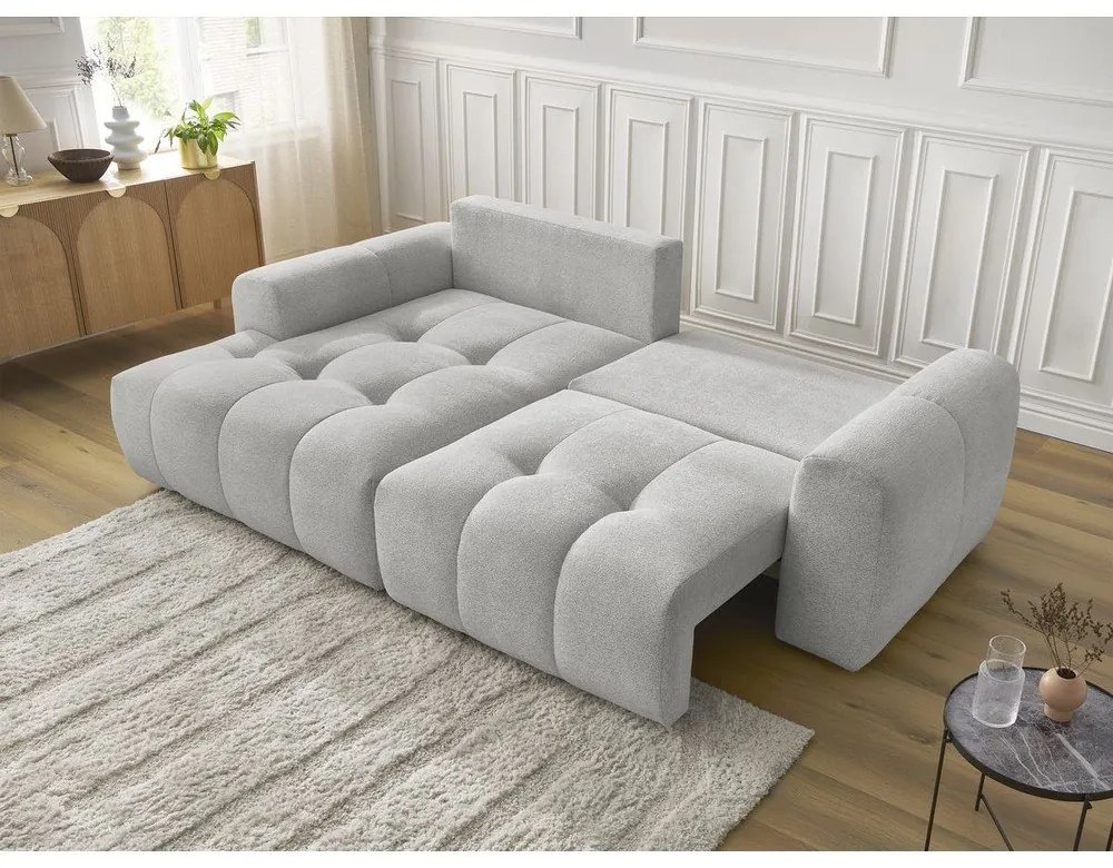 Világosszürke zsenília kinyitható-tárolóhelyes sarokkanapé (bal oldali-heverő résszel) Roxelane – Bobochic Paris