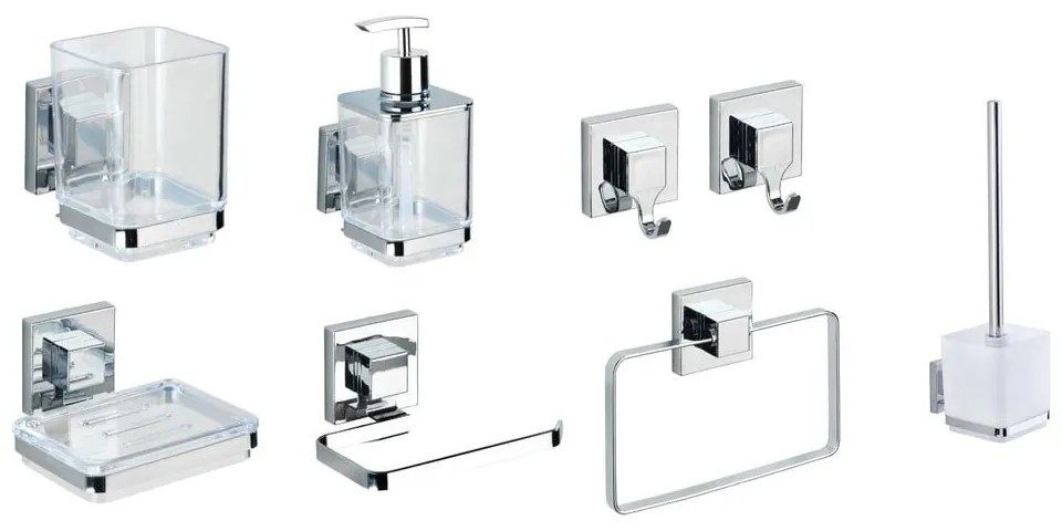 Fényes ezüstszínű öntapadós műanyag fürdőszobai kiegészítő szett Quadro – Wenko