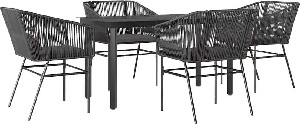vidaXL 5 részes fekete polyrattan üveg kerti étkezőgarnitúra párnákkal