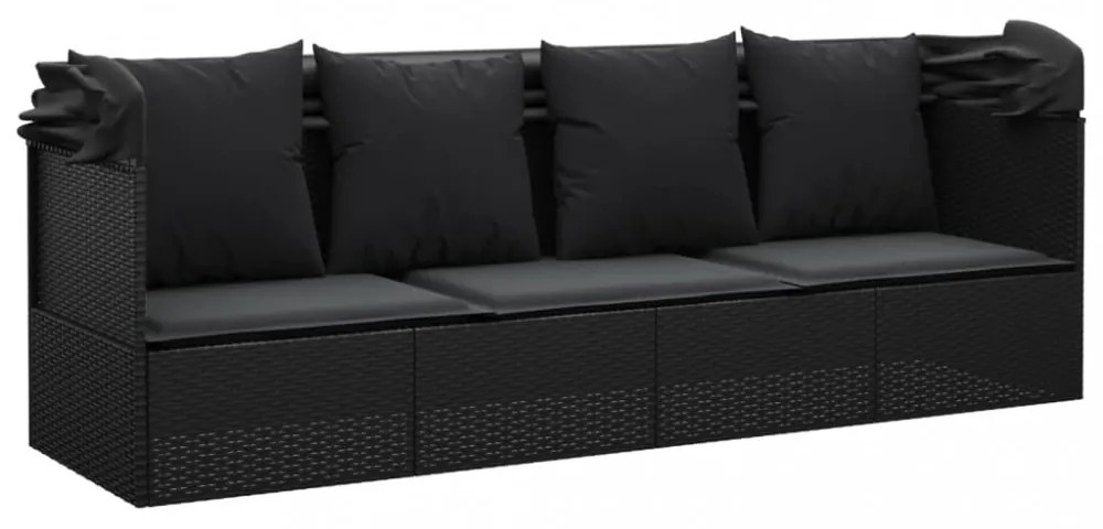 fekete polyrattan kültéri társalgókanapé tetővel és párnákkal