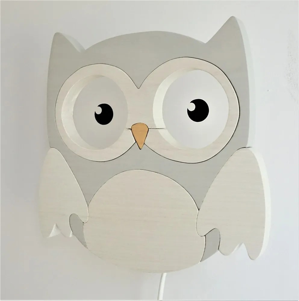 Bagoly falilámpa, szürke/fehér - gyereklámpa fából