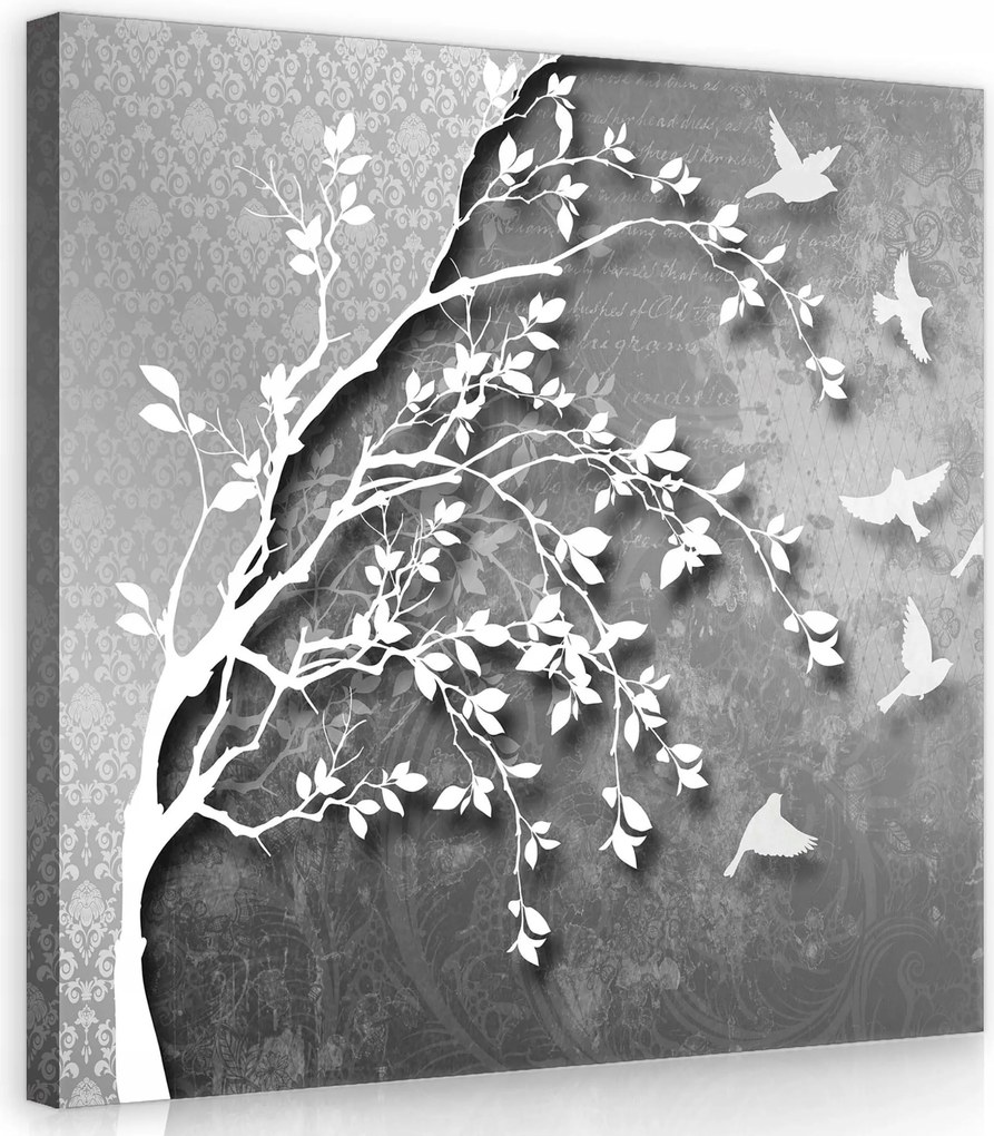 Vászonkép 40x40 Grafikus minimalizmus Fa madarak és modernitás szürke