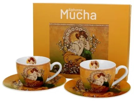 Porceláncsésze+alj,110ml dobozban, 2 személyes, Mucha:Topáz