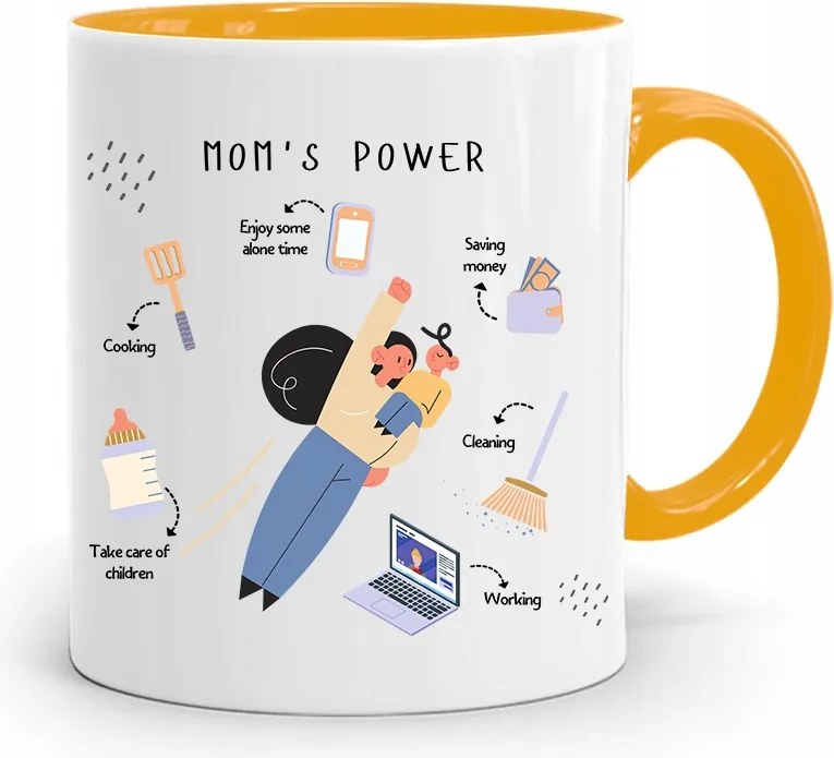 Sárga Bögre Ajándék Anyukáknak Mom's Power nyomott mintával