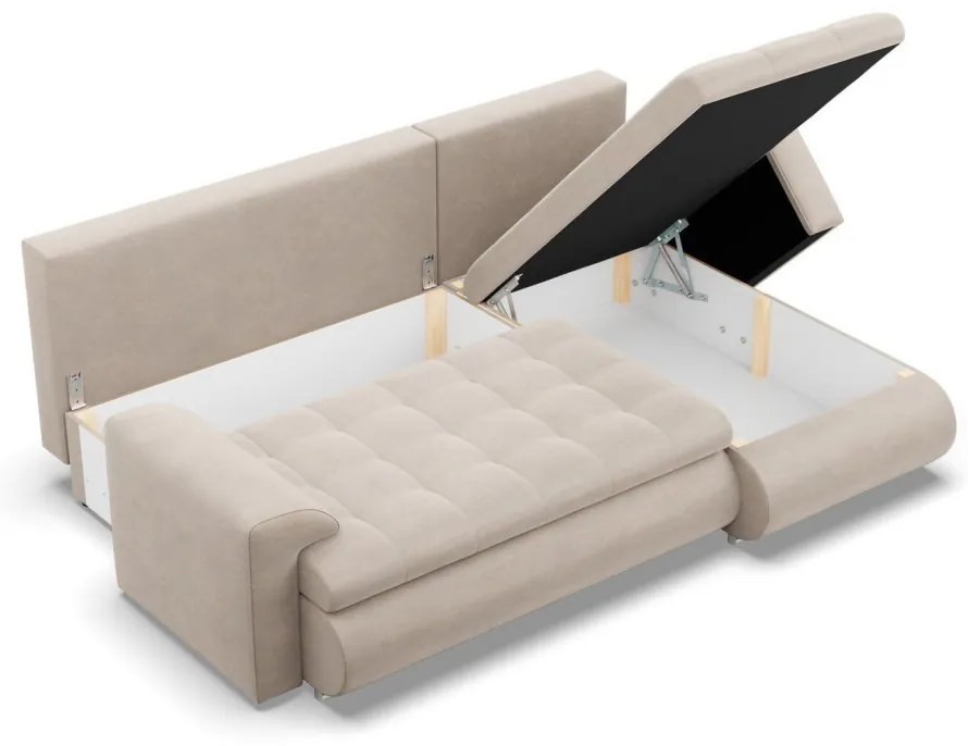 Tokio sarokkanapé, 2 ágyneműtartóval, bársony, jobboldali, bézs