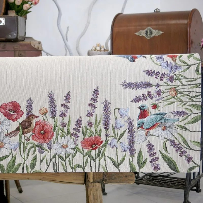 Mezei virágos, kismadaras gépi gobelin asztalterítő, 137 x 240 cm