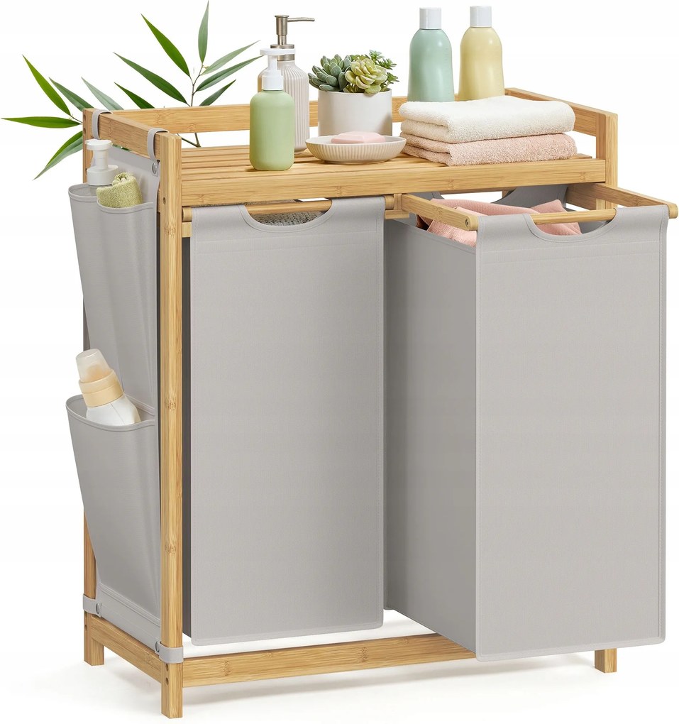 Bambusz Szennyestartó Kosár 2 rekesz x 50 L polccal szürke