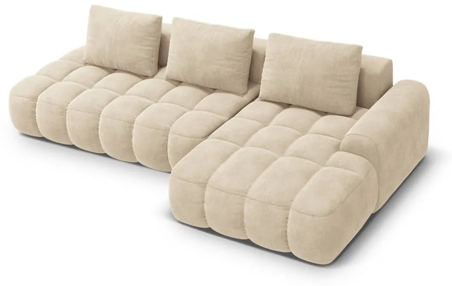 Bézs bársony kinyitható-tárolóhelyes sarokkanapé (jobb oldali-heverő résszel) Linz – Cosmopolitan Design