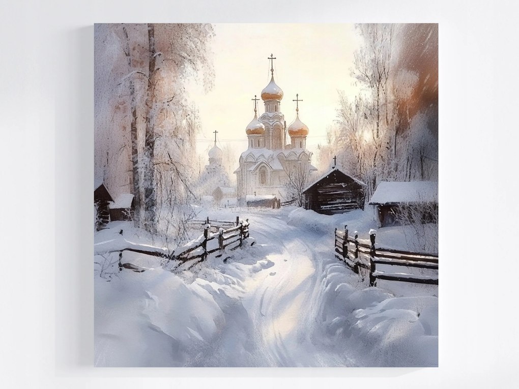 Vászonkép Canvas Tájkép Alföld Falu Templom Tél 80x80