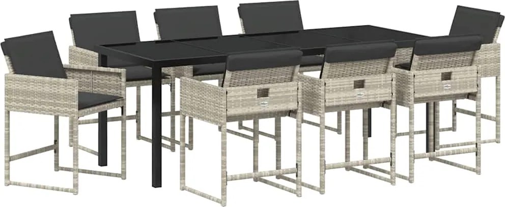 vidaXL Kert étkező szett párnával 9 pcs Világosszürke polirattan