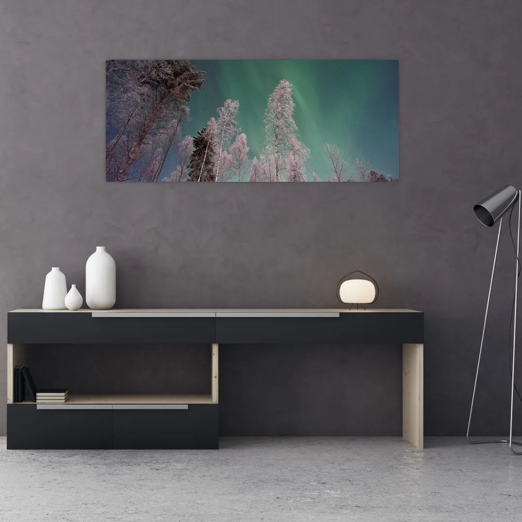 Az aurora borealis képe fagyos fák felett (120x50 cm)