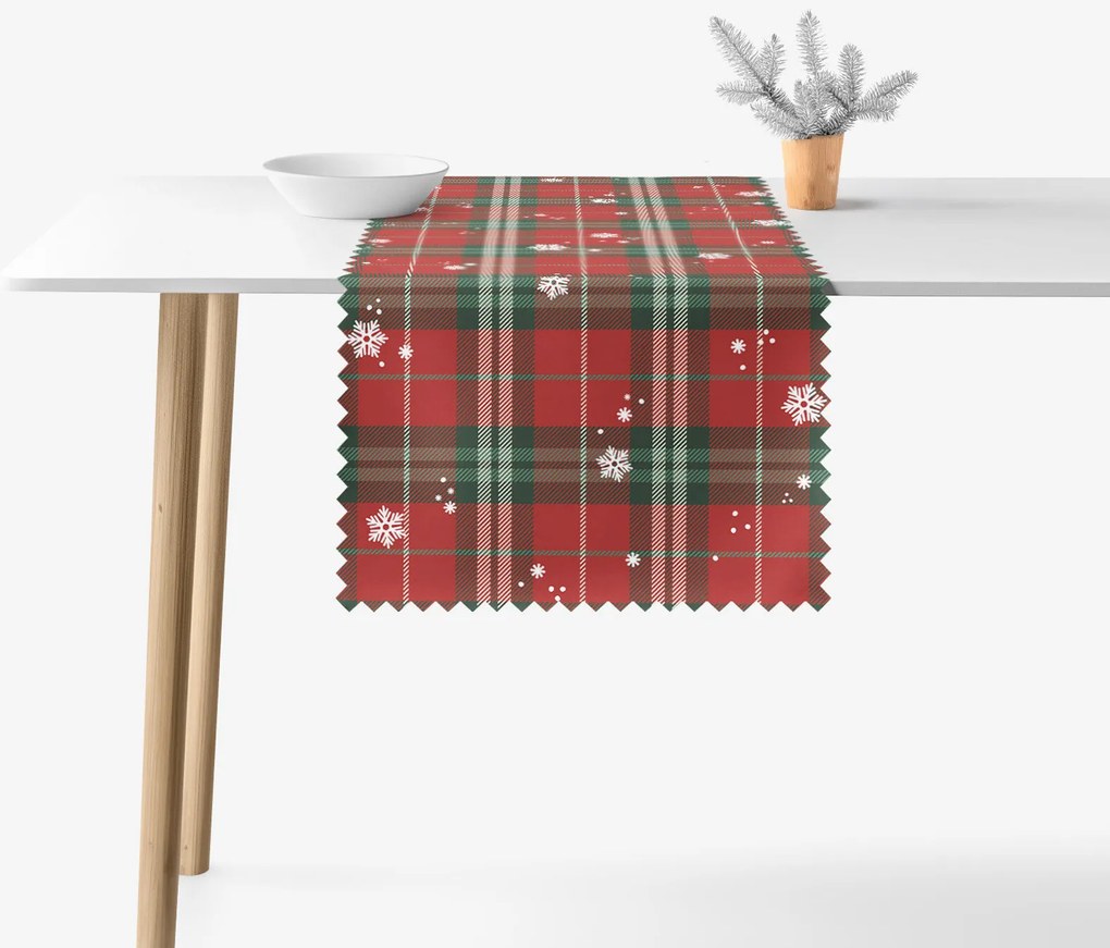 Goldea teflonbevonatú asztali futó - piros kockás hópelyhekkel 35x140 cm