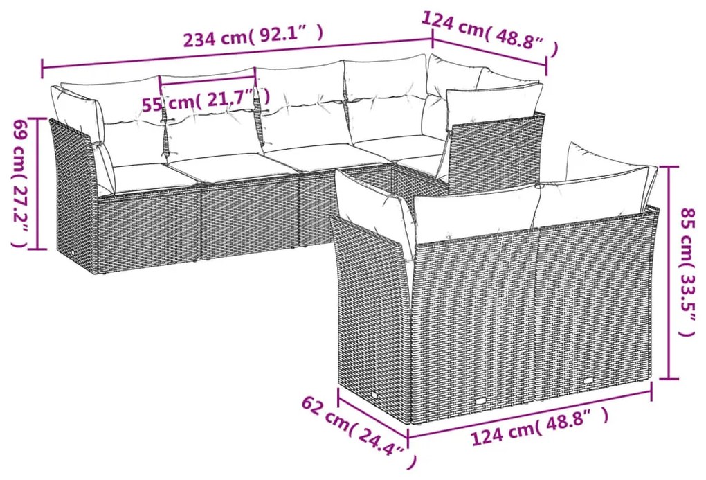 7 részes világosszürke polyrattan kerti ülőgarnitúra párnákkal