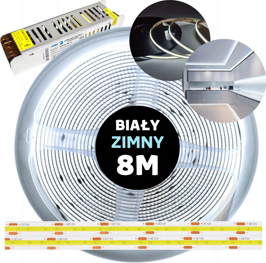 Led szalag Cob folyamatos vonal neon tápegységgel hideg fehér 12V 8M