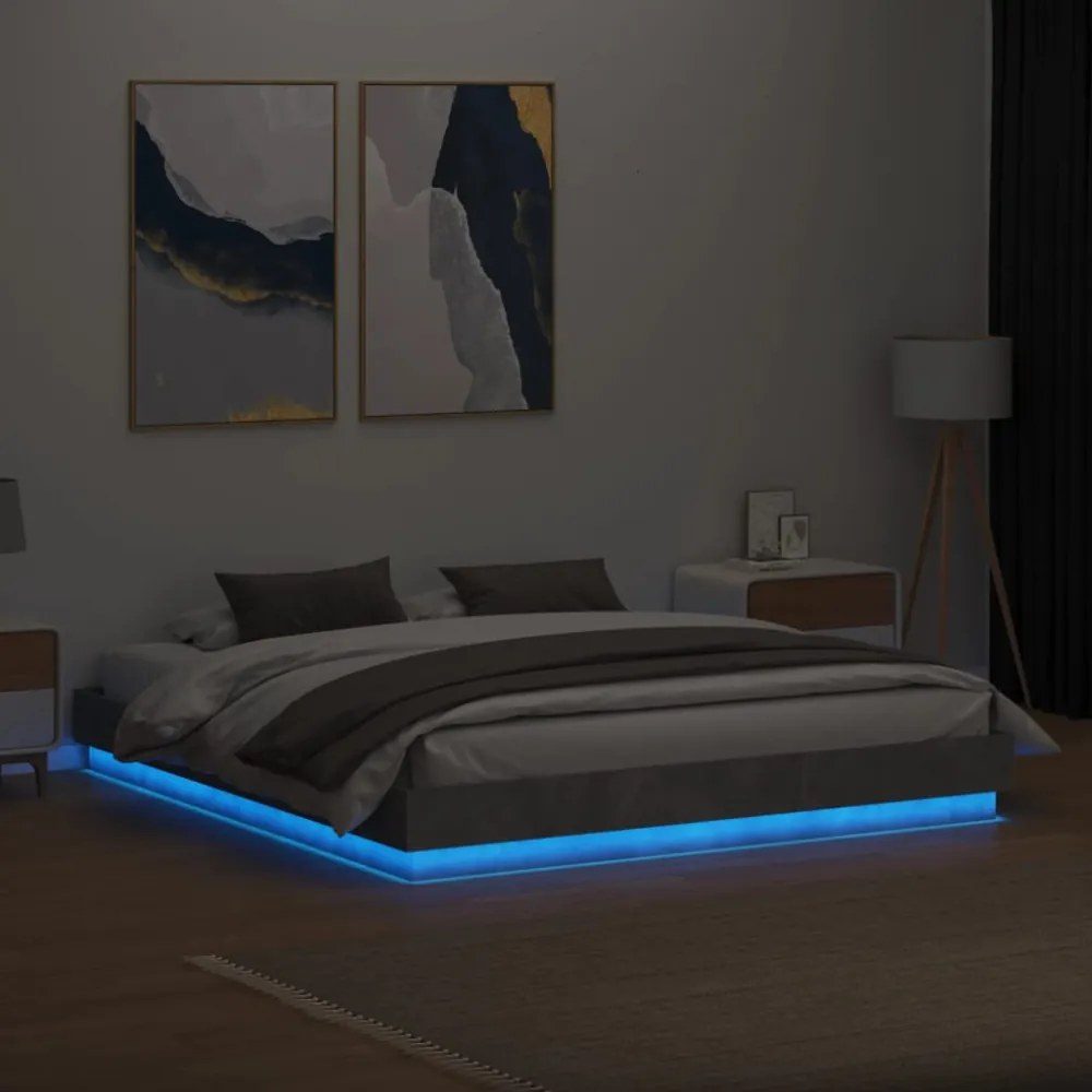 betonszürke ágykeret LED-világítással 200x200 cm