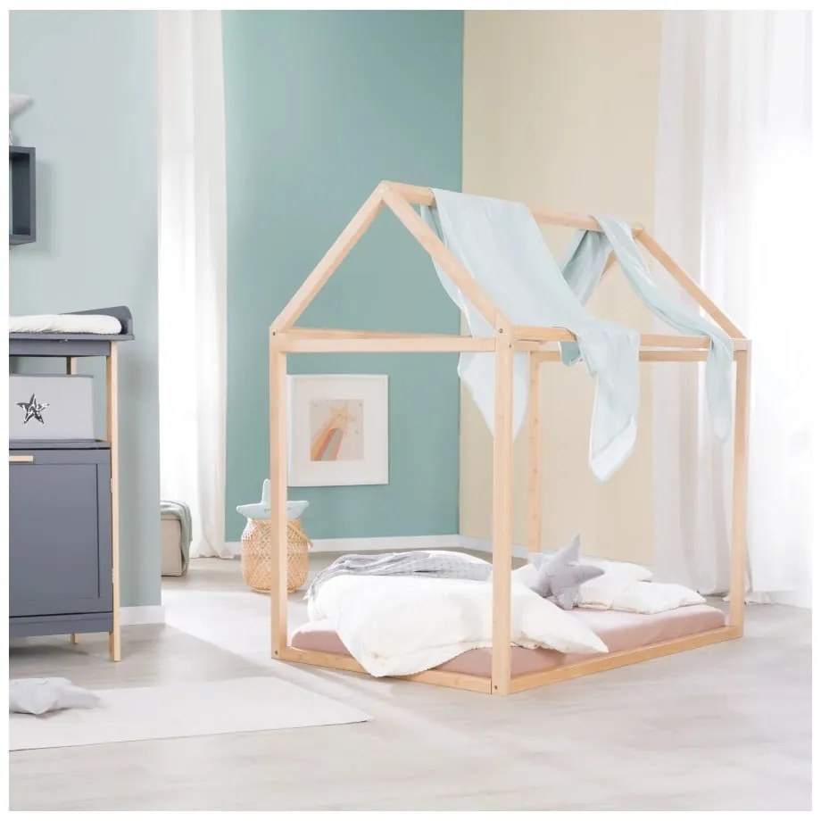 Natúr színű házikó alakú gyerekágy 70x140 cm Montessori – Roba