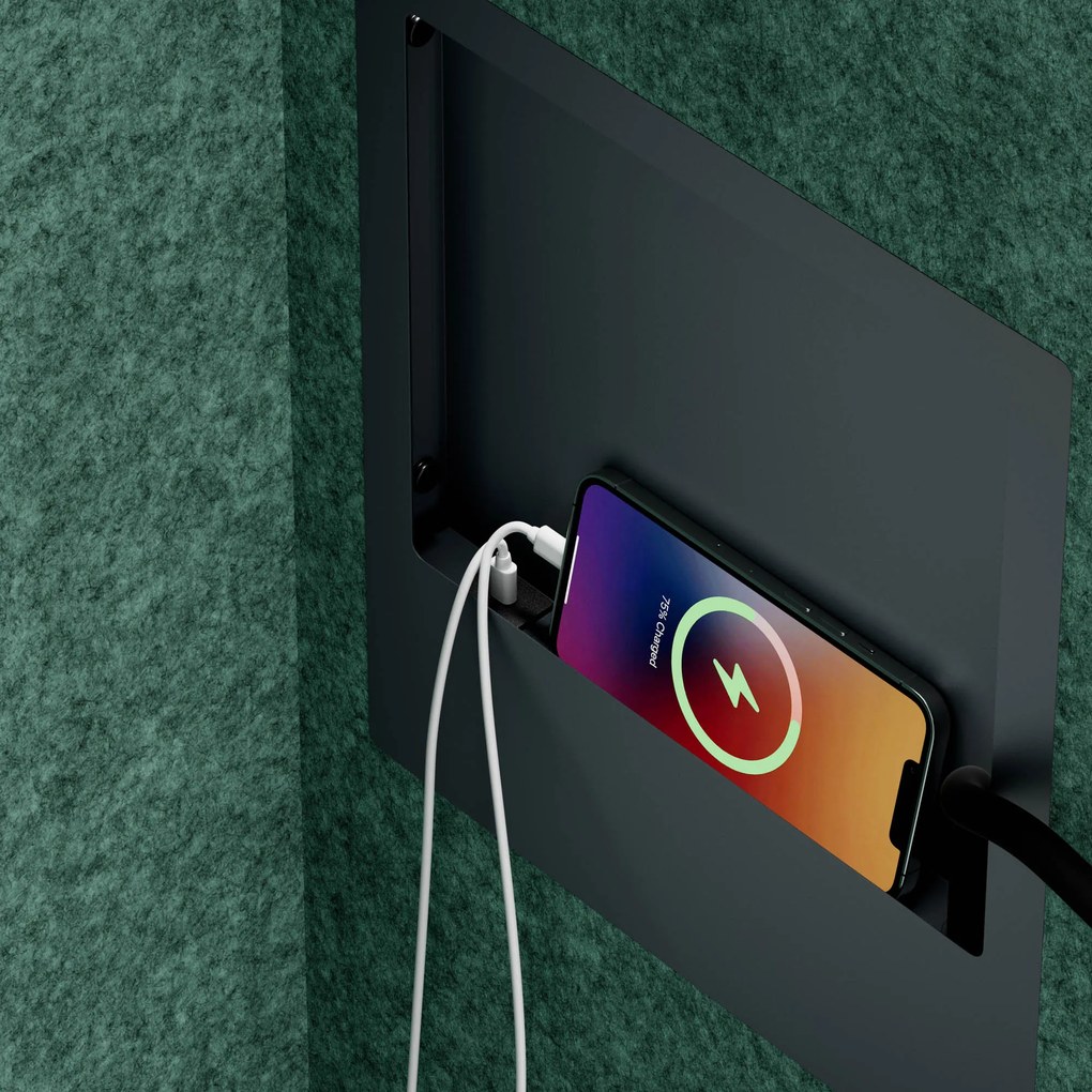 Irodai hangszigetelő fülke ülőkével és USB-C csatlakozóval, antracit színű váz / zöld ülőke, 600 mm: SALLY MentalBox