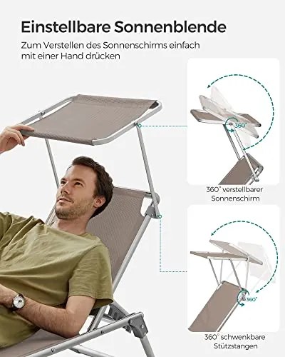 Napozóágy, napernyővel, állítható háttámlával, összecsukható, 55 x 193 x 31 cm, terhelhetőség 150 kg, bézs