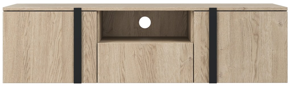 Verica 150 cm-es TV-szekrény, falra szerelhető, nyitott polccal - szivacsos-tölgy / fekete fogantyúk