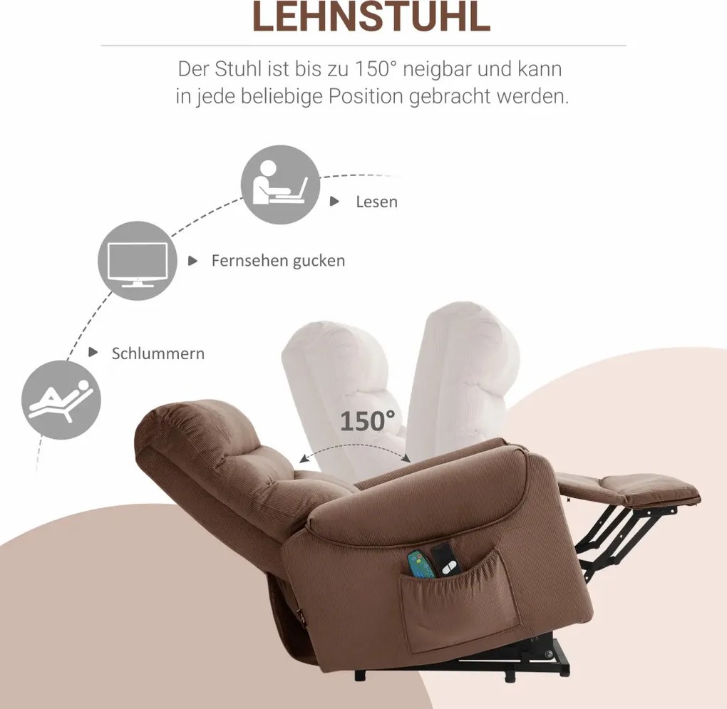 HOMCOM Masszázsfotel, elektromos relaxfotel emelőrásegítéssel, távirányítóval és oldalsó zsebbel, szövet, barna