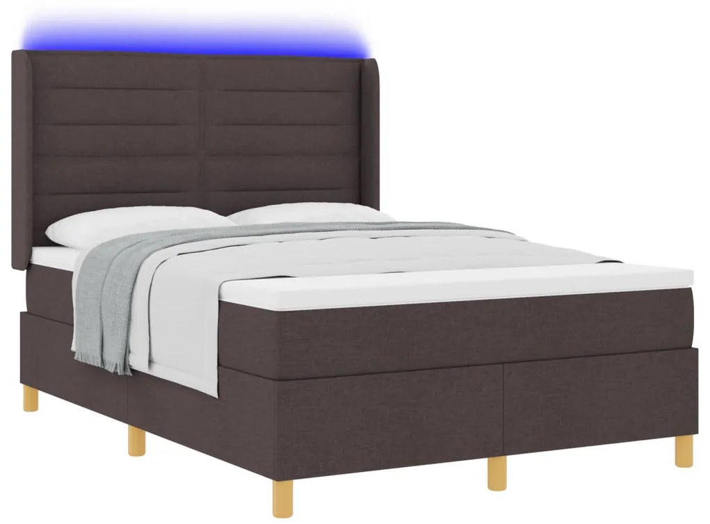 Boxspring Ágy Matrac és LED Sötét Barna 140x190 cm Szövet